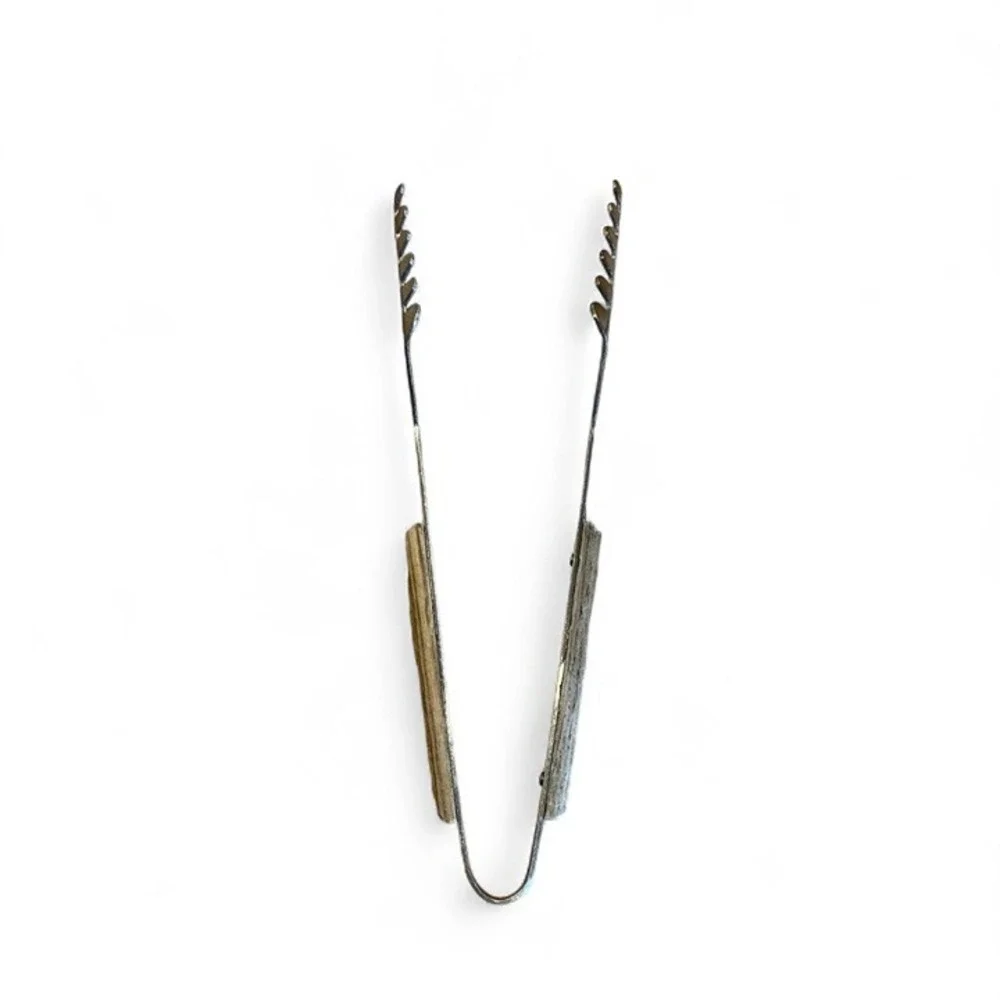 Heavy duty tongs with a stainless steel body and a wooden handle  made in Japan
